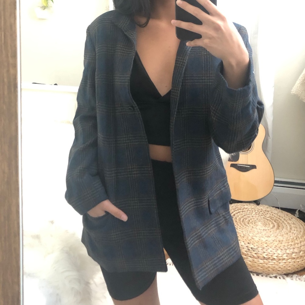 Plaid Gingham Blue Tan Blazer Jacket Single Breast